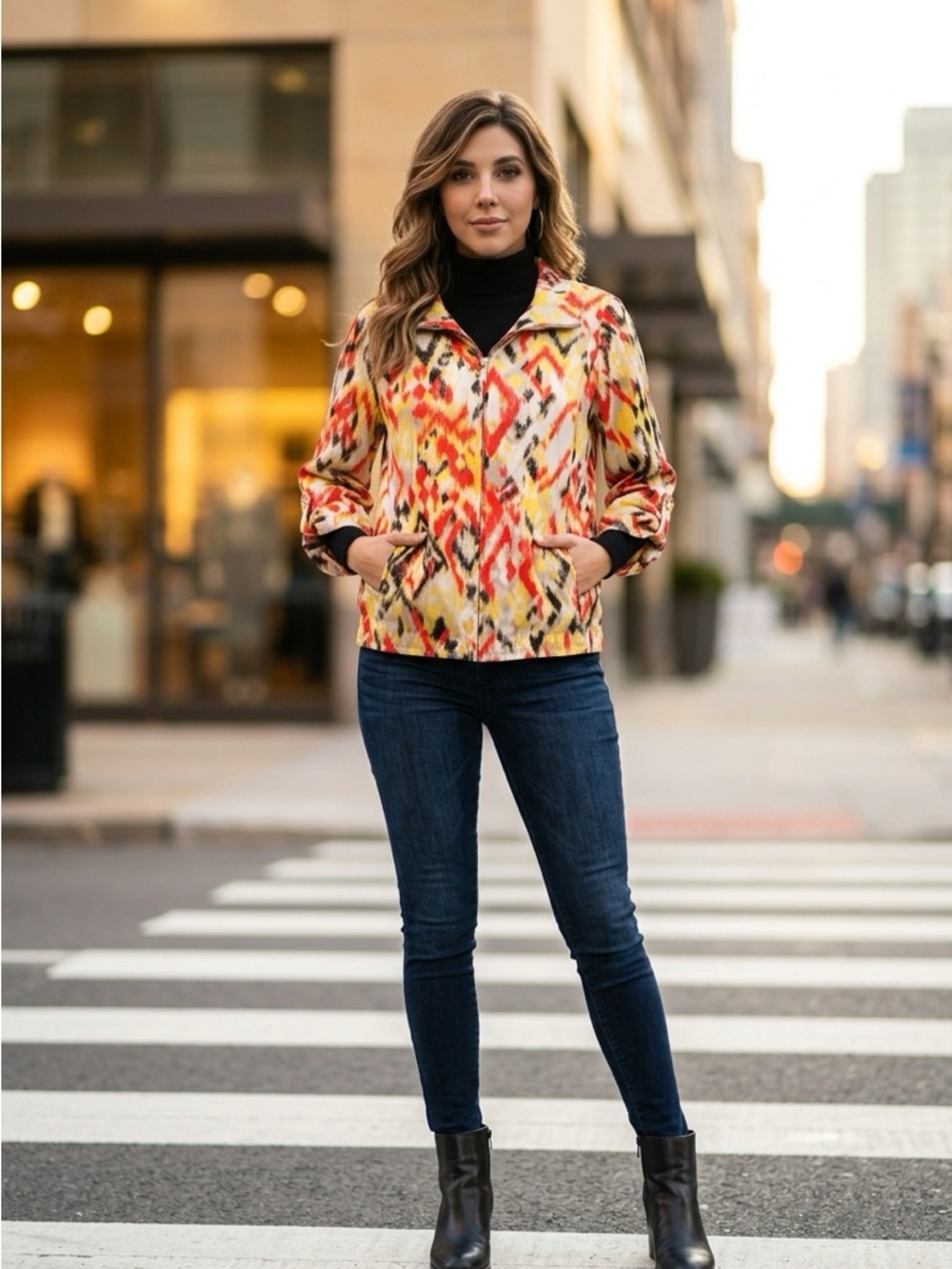 Colorful and fun Ikat Print light Zip Jacket optional 3/4 sleeves